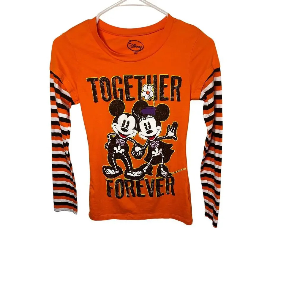 Disney’s Mickey Minnie together forever orange black striped sleeves Halloween 